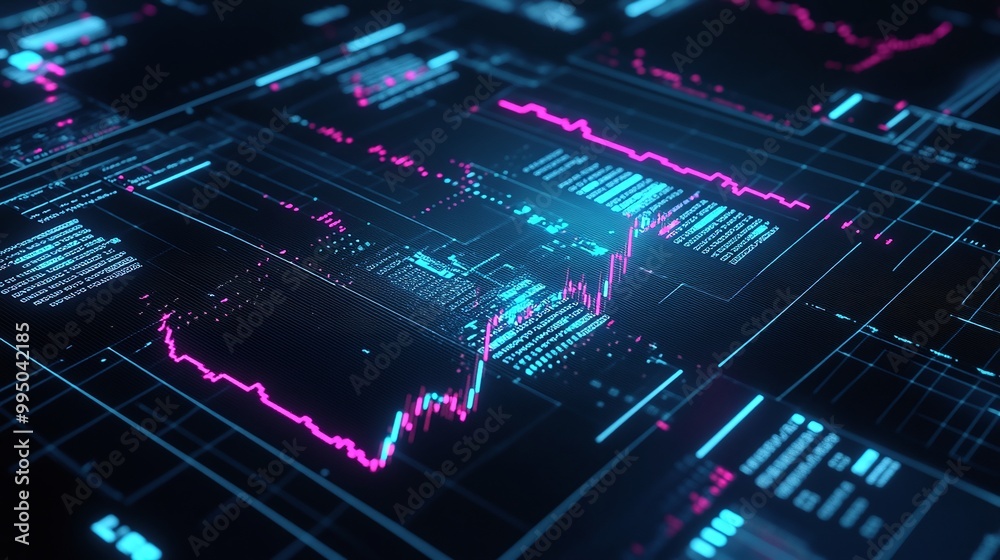 Poster futuristic data visualization with vibrant graphs and charts on a digital interface.