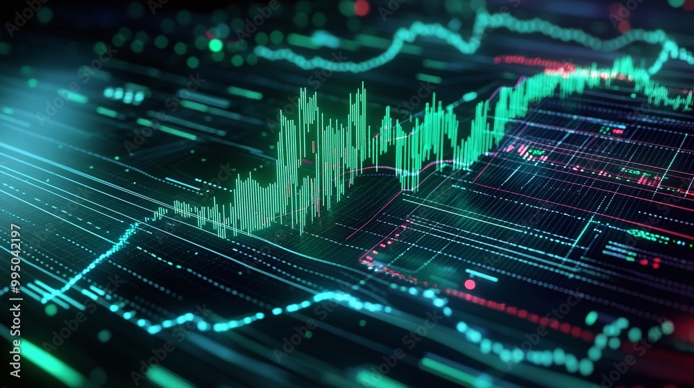 Poster futuristic data visualization with vibrant graphs and charts on a dark background.