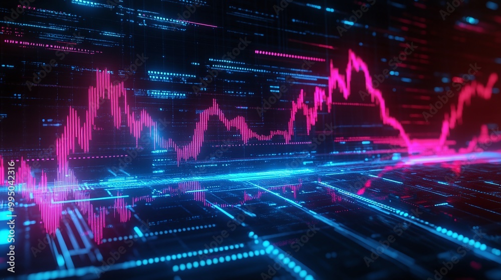 Poster futuristic data visualization with vibrant graphs and digital interface elements on a dark backgroun