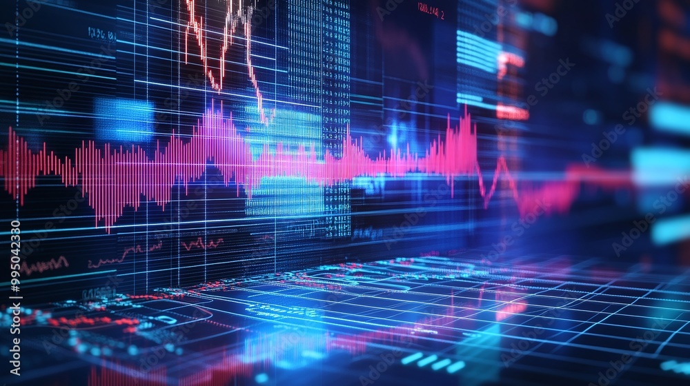 Poster futuristic data visualization with vibrant graphs and digital interface elements.