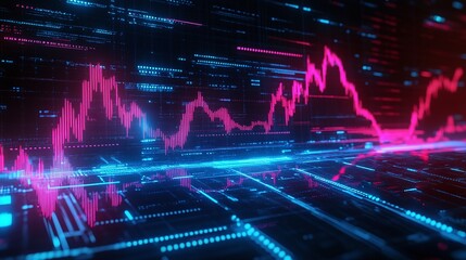 Fototapeta premium Futuristic data visualization with vibrant graphs and digital interface elements on a dark background.