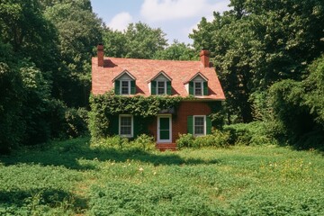Obraz premium Charming Abandoned Red Brick House Overgrown with Green Ivy, Nestled in a Lush Field of Wildflowers and Tall Grass, Surrounded by Trees Under a Soft Blue Sky