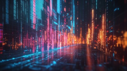 Futuristic data visualization with vibrant neon lights, depicting high-tech networks and digital connections.