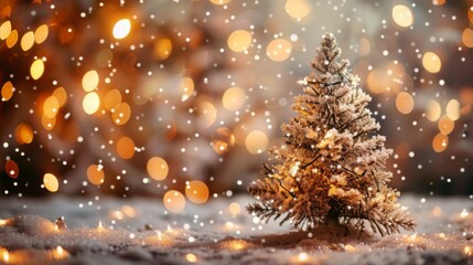 Festive Christmas Background with Snow-Covered Fir Tree and Blurred Lights, Perfect for Winter Landscape, New Year Celebration, Snowy Nature Wallpaper, Christmas Card Template with Space for Text