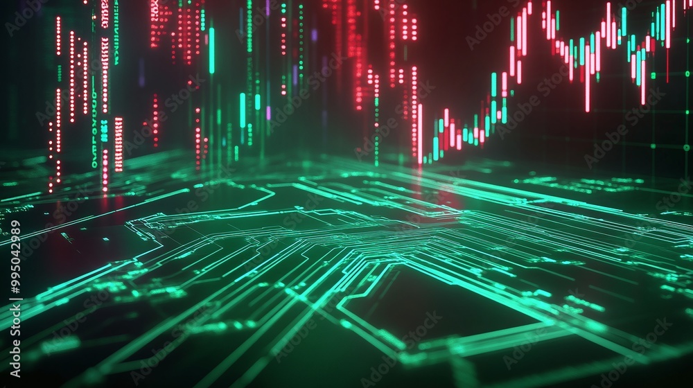 Poster futuristic digital circuit design with glowing lines and financial graphs, representing technology a