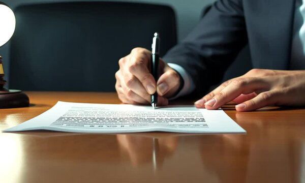 A hand signing a confession document, symbolizing accountability and legal consequences. Generated with AI