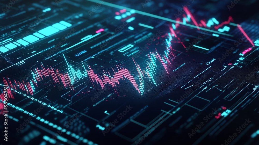 Poster futuristic digital data visualization with colorful graphs and analytics on a dark background.