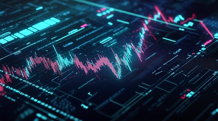 Futuristic digital data visualization with colorful graphs and analytics on a dark background.