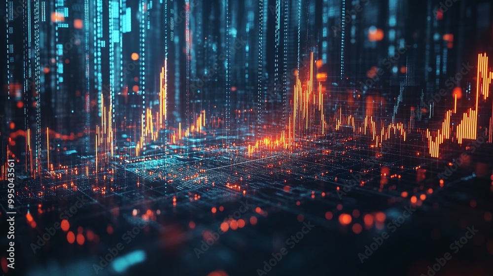 Poster futuristic digital data visualization with glowing elements and graphs representing information flow