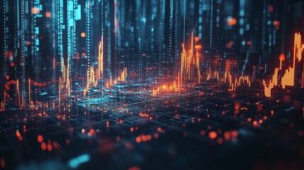 Fototapeta premium Futuristic digital data visualization with glowing elements and graphs representing information flow and analytics.