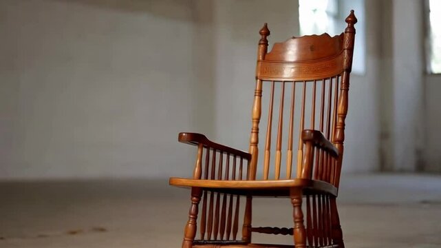 An old rocking chair slowly moving back and forth in an empty room.
