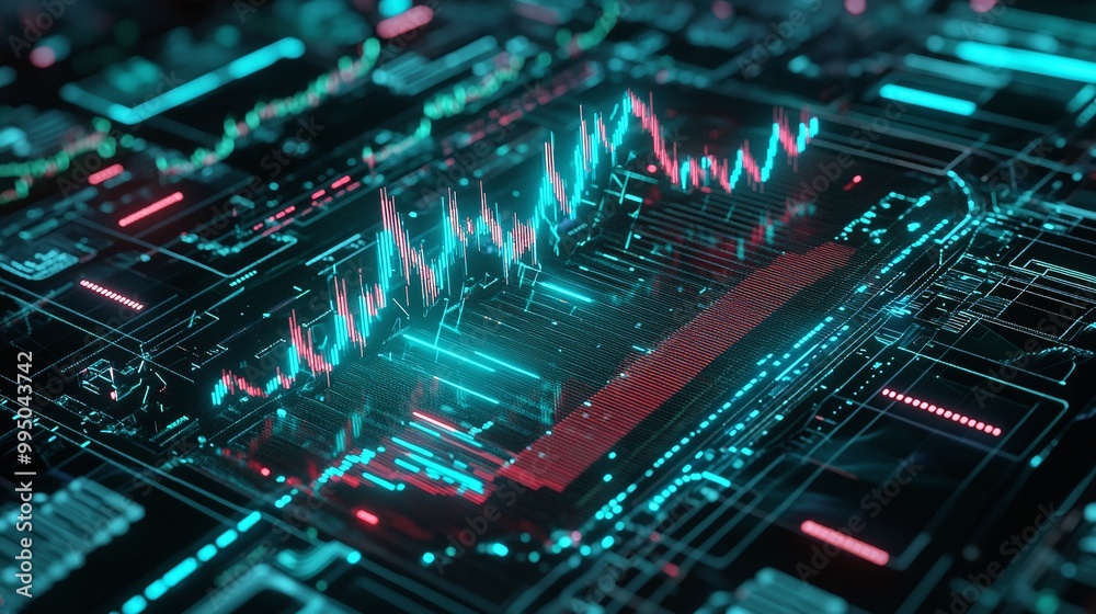 Aufkleber futuristic digital data visualization with glowing graphs and circuits on a circuit board.