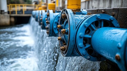 Industrial water pipes with flowing water, blue metal structure