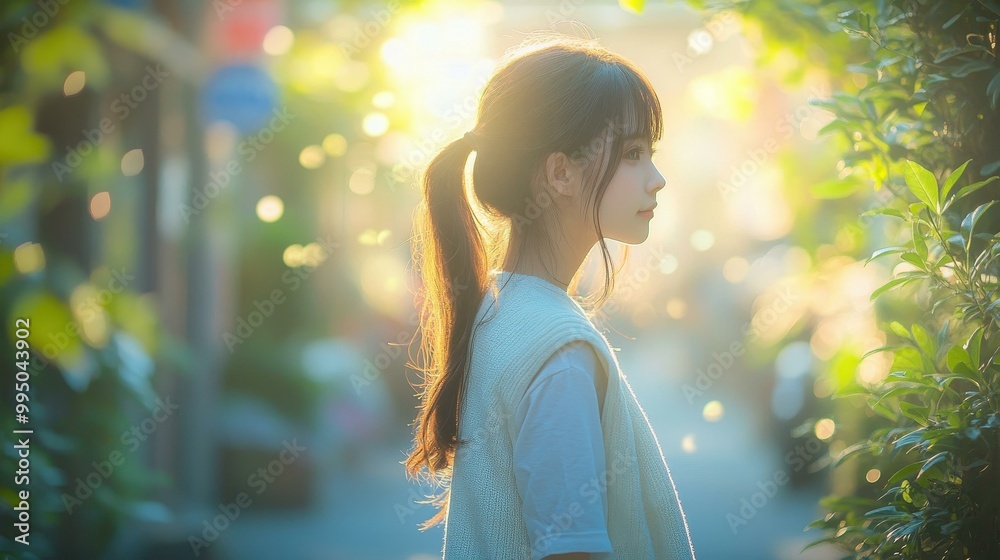 Poster a cheerful girl dons a white vest and jeans, her ponytail swaying in the sundrenched street lined wi