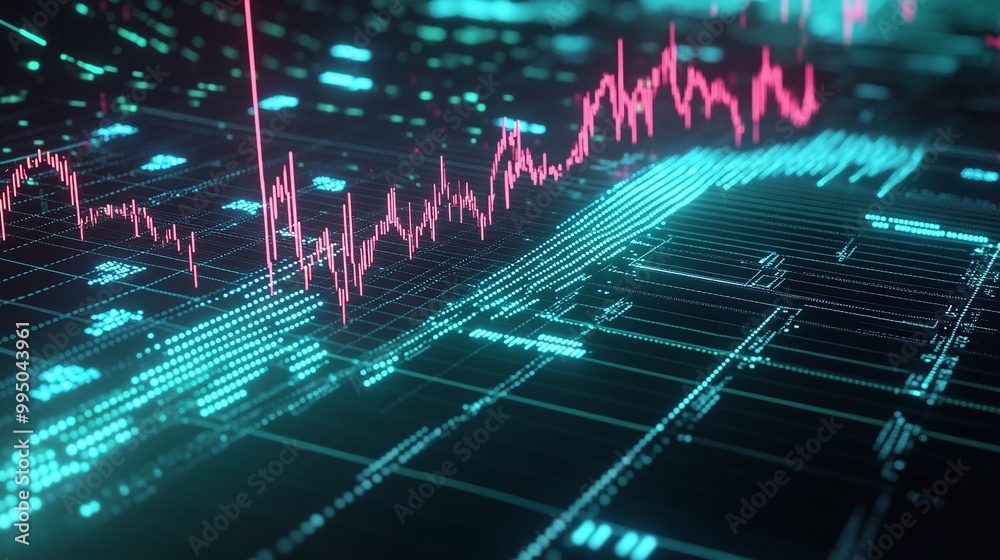 Poster futuristic digital data visualization with glowing lines and graphs representing financial analysis.