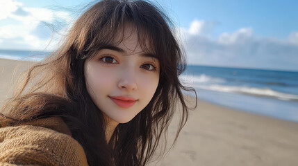 Fototapeta premium A young woman takes a selfie on a sunny beach, showcasing her long hair and natural beauty in everyday life.