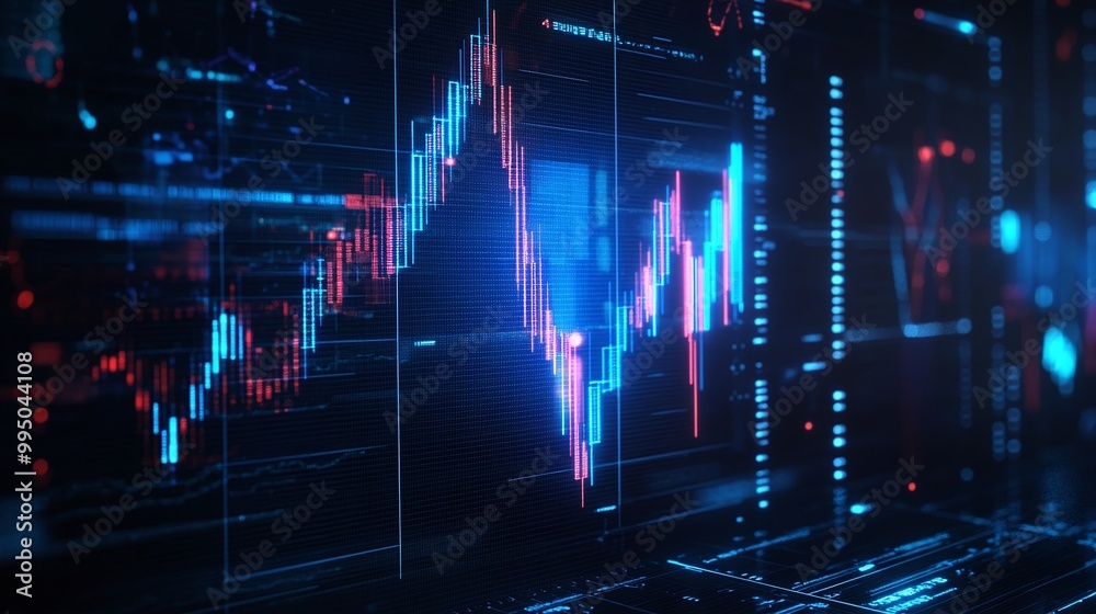 Poster futuristic digital data visualization with graphs and charts in vibrant colors on a tech interface.