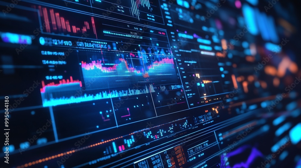 Poster futuristic digital data visualization with graphs and charts on a dark background.