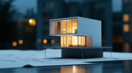 Modern Architectural Model of a Contemporary House, showcasing minimalist design, open floor plan, large windows, and a sleek aesthetic.