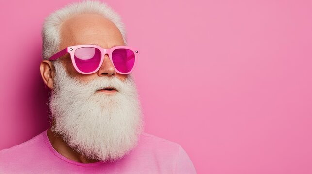 A playful illustration of a furry whitebearded man wearing pink sunglasses, set against a clean backdrop.