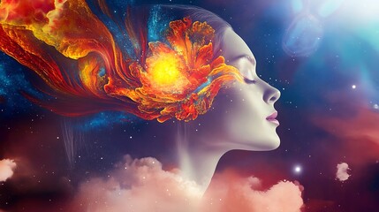 Obraz premium A mystical and enchanting portrait of a woman adorned with a celestial space nebula, symbolizing inner beauty and cosmic connection.