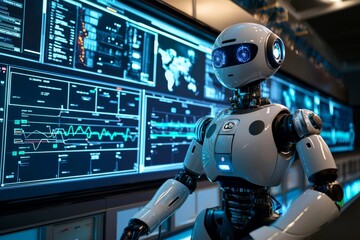Fototapeta premium A humanoid robot working in a smart grid control center, collecting data on electricity consumption and distribution, analyzing it to balance load and prevent outages, with large screens displaying en