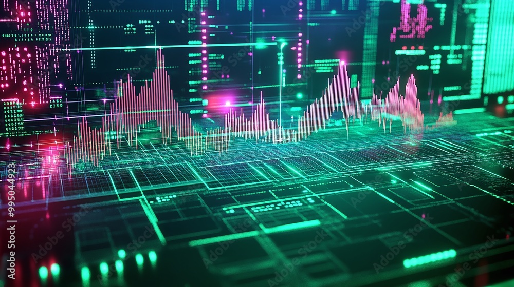 Poster futuristic digital data visualization with vibrant graphs and intricate patterns in neon colors agai