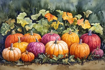 Watercolor Painting of Colorful Pumpkins and Gourds in Garden Bed