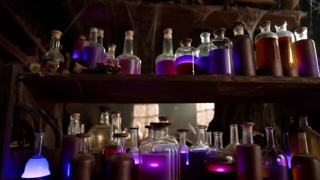 Potion bottles glowing in an abandoned witch&rsquo;s workshop.