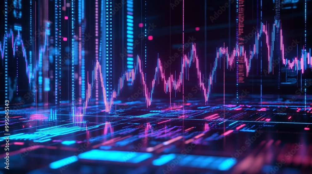 Poster futuristic digital data visualization with vibrant neon colors and intricate patterns representing t