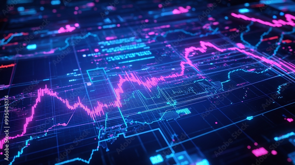 Poster futuristic digital display showing colorful data visualization and analytical graphs.