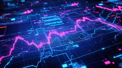 Obraz premium Futuristic digital display showing colorful data visualization and analytical graphs.