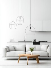 Modern living room and kitchen design with white walls and cabinetry, a white sofa, and three architecturally inspired pendant lights.