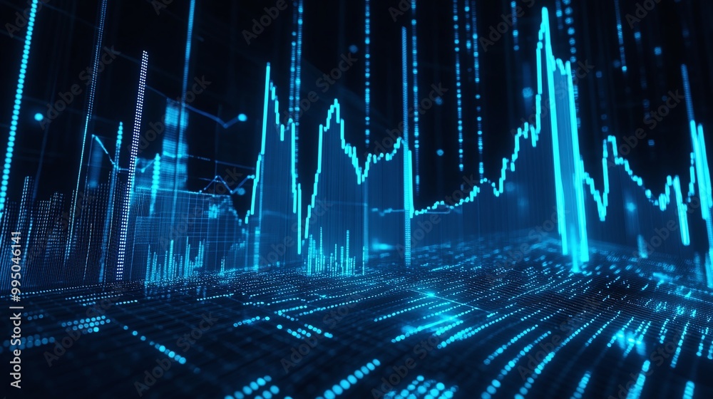 Poster futuristic digital graph visualization with blue data points and lines over a dark background, repre