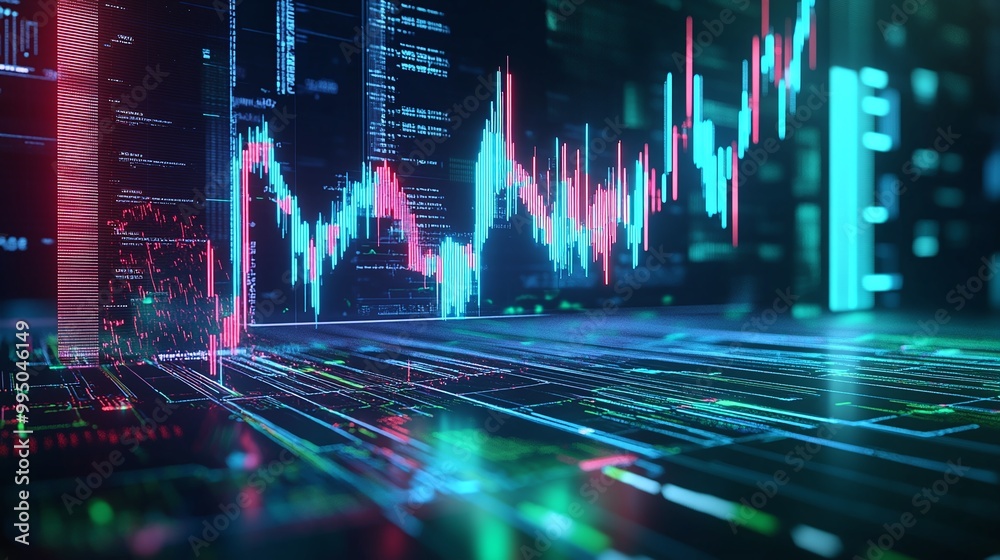 Poster futuristic digital graph visualization with colorful data streams and stock market indicators.