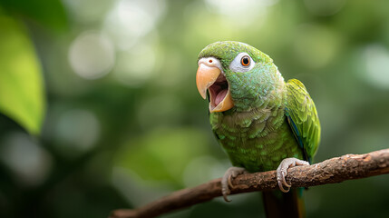 Fototapeta premium A green parrot is perched on a branch