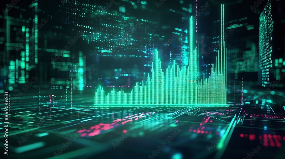 Poster futuristic digital interface showcasing data analysis with green graphical representation on a dark 