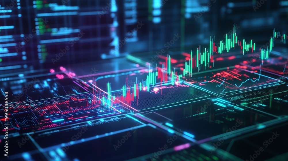 Poster futuristic digital interface showing colorful data visualization and analytics on a dark background.