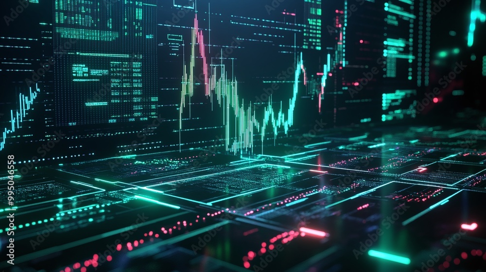 Poster futuristic digital interface showing data analytics with neon colors and dynamic graphs.