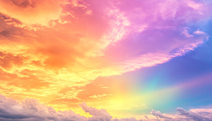Obraz premium A dreamy sky transitioning from a golden sunset to a full spectrum of rainbow colors, giving off a vibrant yet calming feel