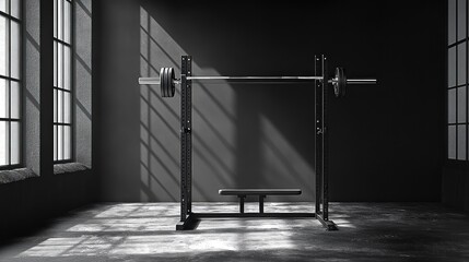 A minimalist gym setup featuring a barbell and bench in shadow.