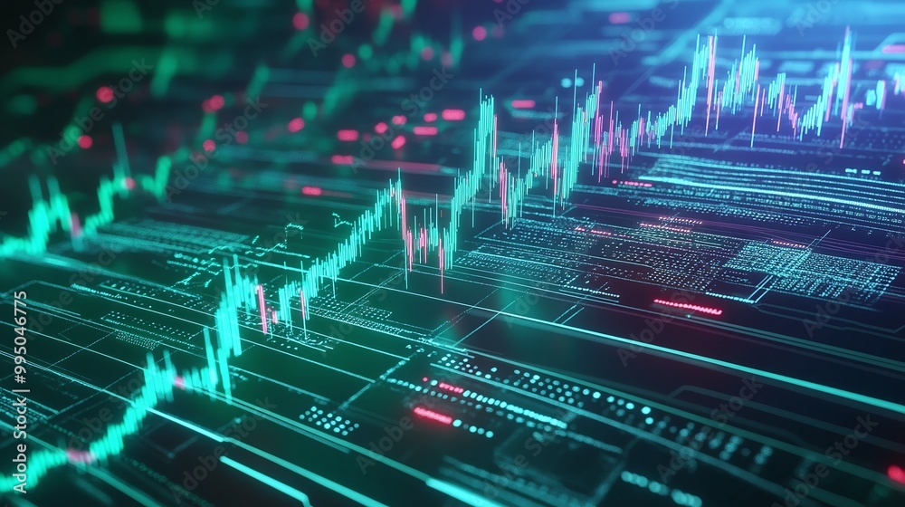 Poster futuristic digital interface with data visualization and glowing graphs representing technology and 
