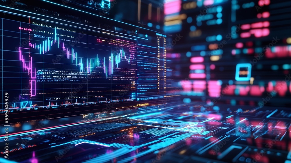 Poster futuristic digital interface with glowing graphs and data visualizations for advanced technology or 