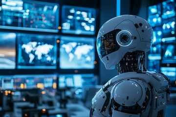 Fototapeta premium A humanoid robot in a military operations center, gathering and analyzing battlefield data from drones, satellites, and ground units, providing real-time tactical insights, with a command room filled 