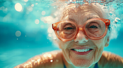 Naklejka premium A woman in a bathing suit is smiling and wearing orange glasses