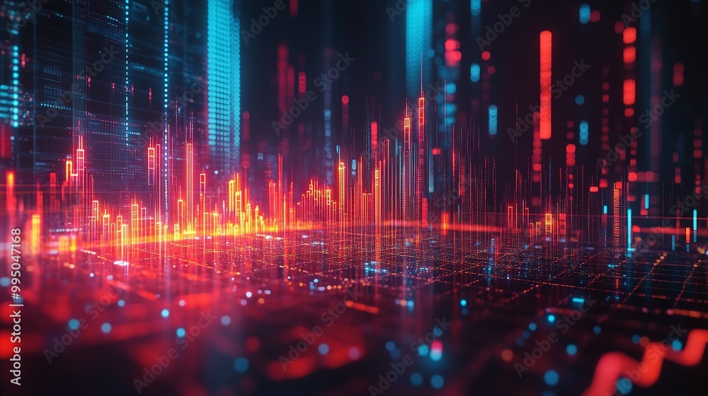 Poster futuristic digital landscape with colorful data visualization and abstract patterns representing tec