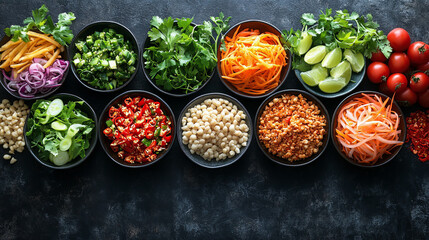 Asian food background with various ingredients on rustic stone background , top view. Vietnam or Thai cuisine. 