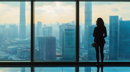 Fototapeta premium Woman Silhouetted Against a Skyline View from a High-Rise Window