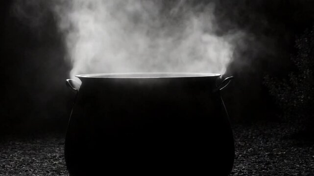 A cauldron stirring itself with steam rising and shadows dancing around.