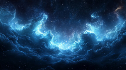 Fototapeta premium Glowing blue clouds in a star filled sky.